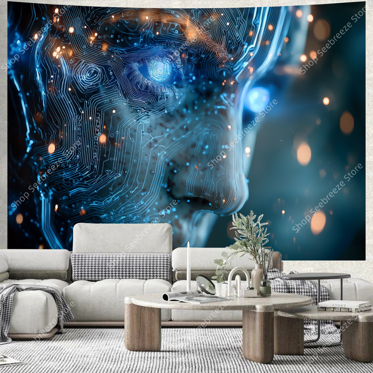 Tech Office Wall - Cyberpunk Circuit Board Tapestry Blue Orange